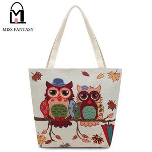 OWLS Whimsical Cloth Tote Bag Zipper Top🦉